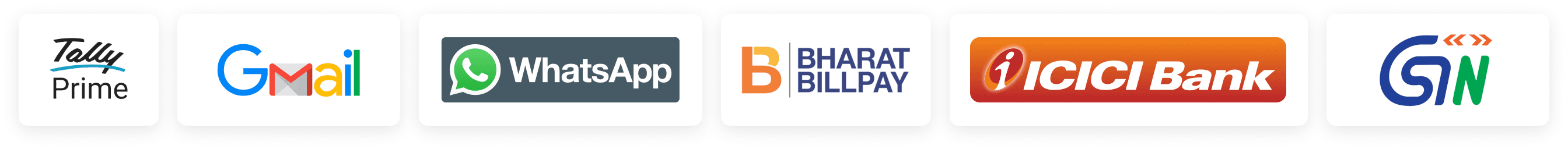 Integrations with Tally Prime, Gmail, WhatsApp, Bharat BillPay, ICICI Bank and GSTN