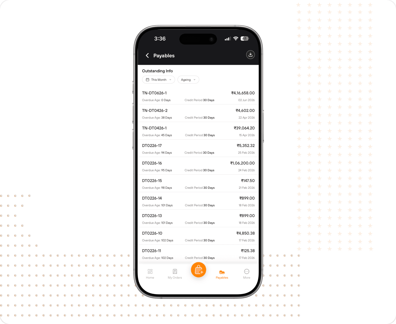 Payables screen with invoice-wise outstanding amounts