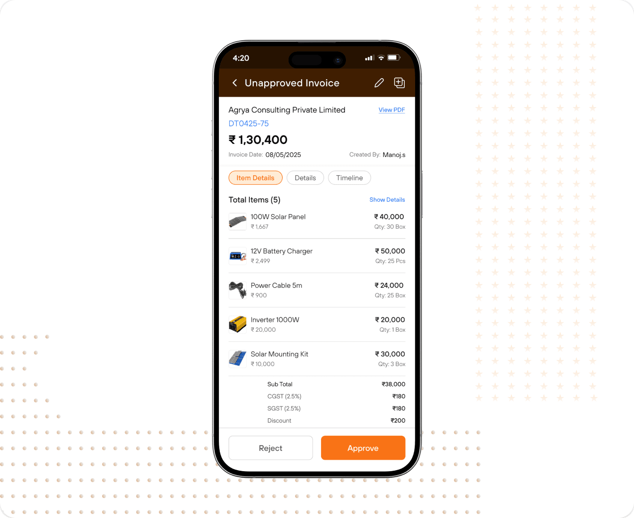 Unapproved invoice awaiting a one-tap approval