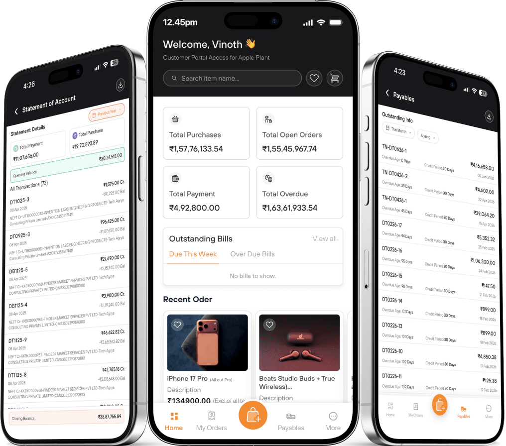 Three phones showing the buyer portal statement, dashboard and payables
