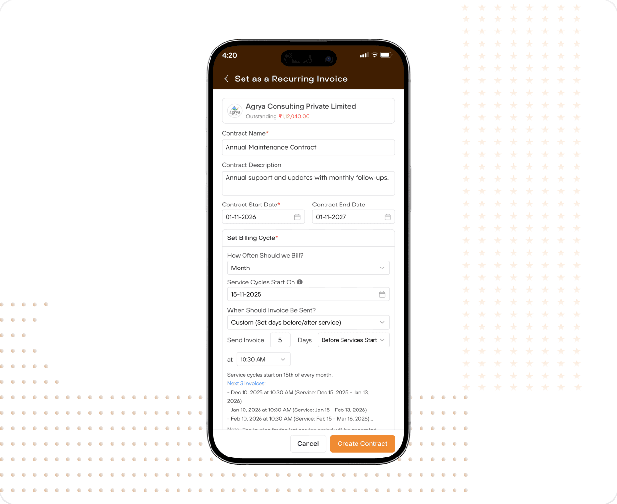 Recurring invoice setup with billing cycle and schedule preview