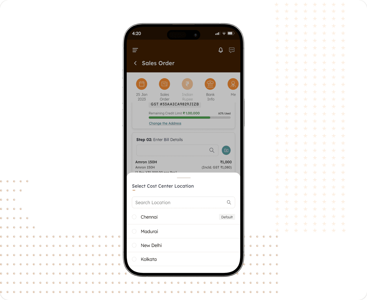 Sales order screen selecting a cost centre location