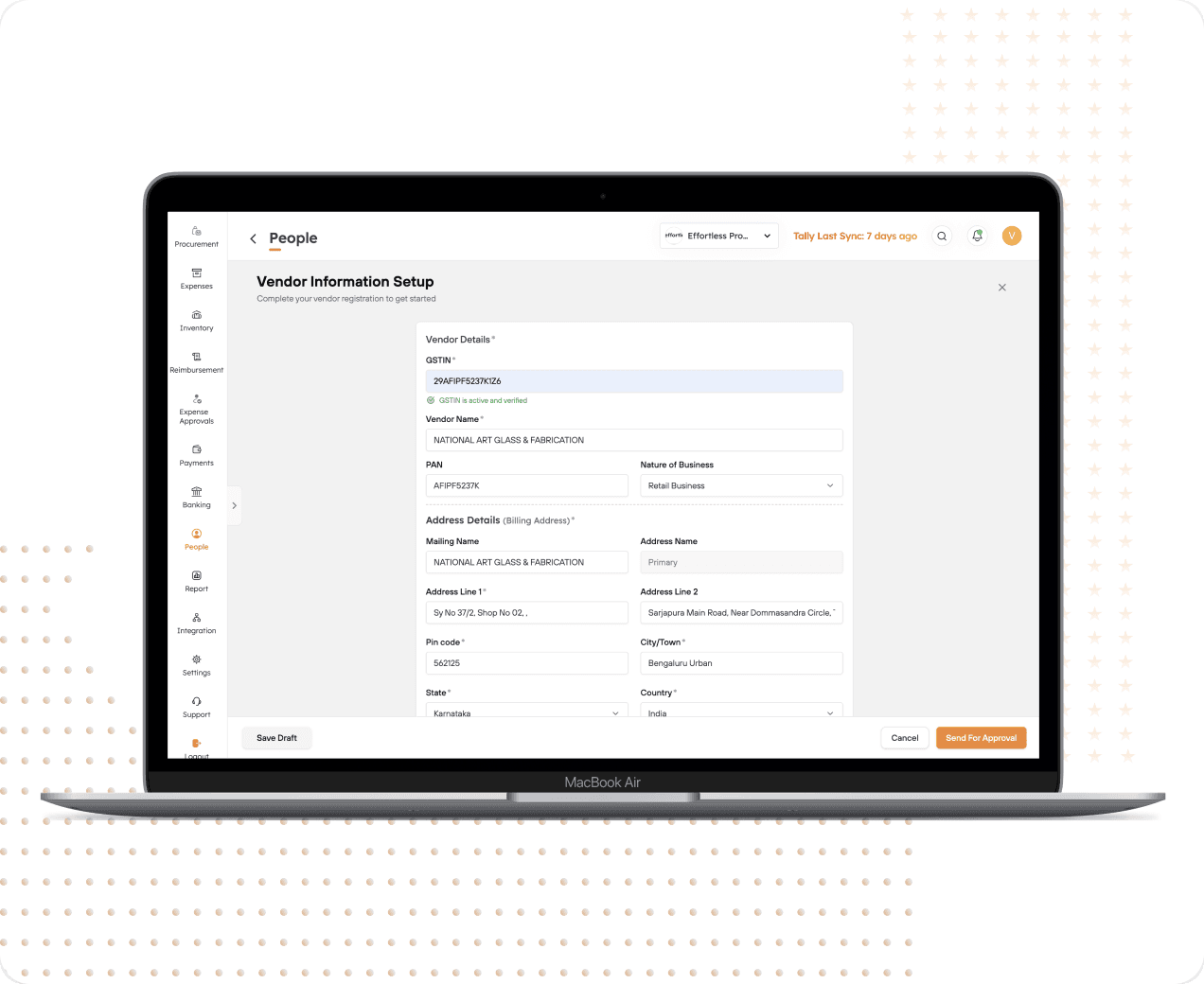Vendor information setup screen with GSTIN and address details