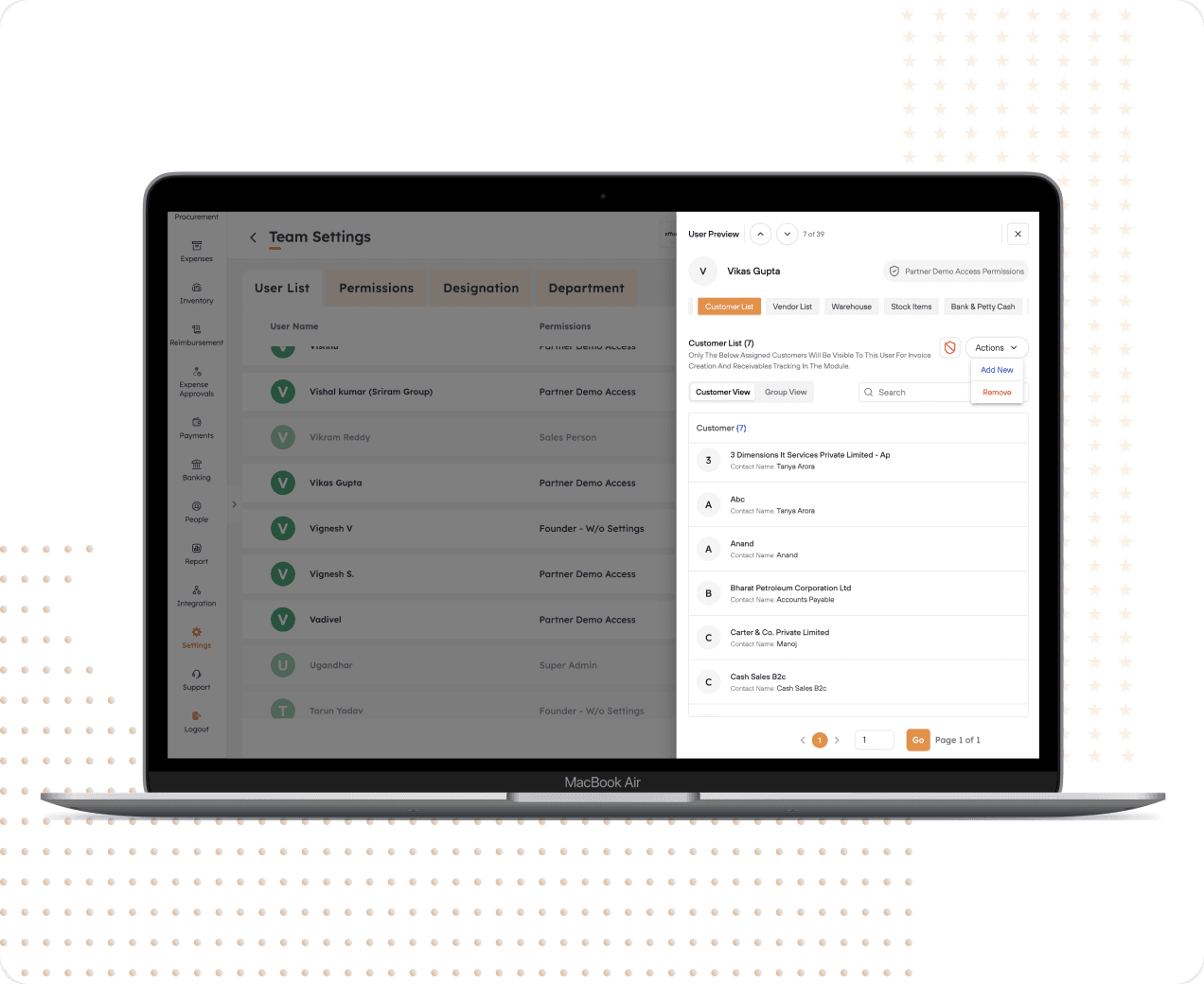 Team settings screen assigning vendor permissions per user