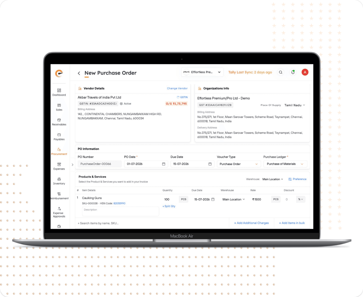 New purchase order screen with cost centre and ledger tagging