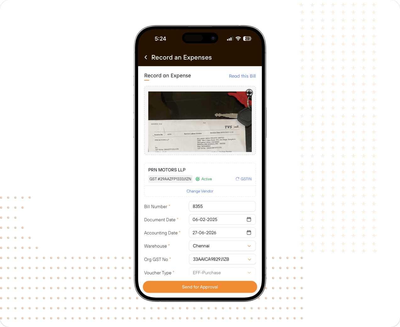 Mobile expense capture screen validating GSTIN on a vendor bill