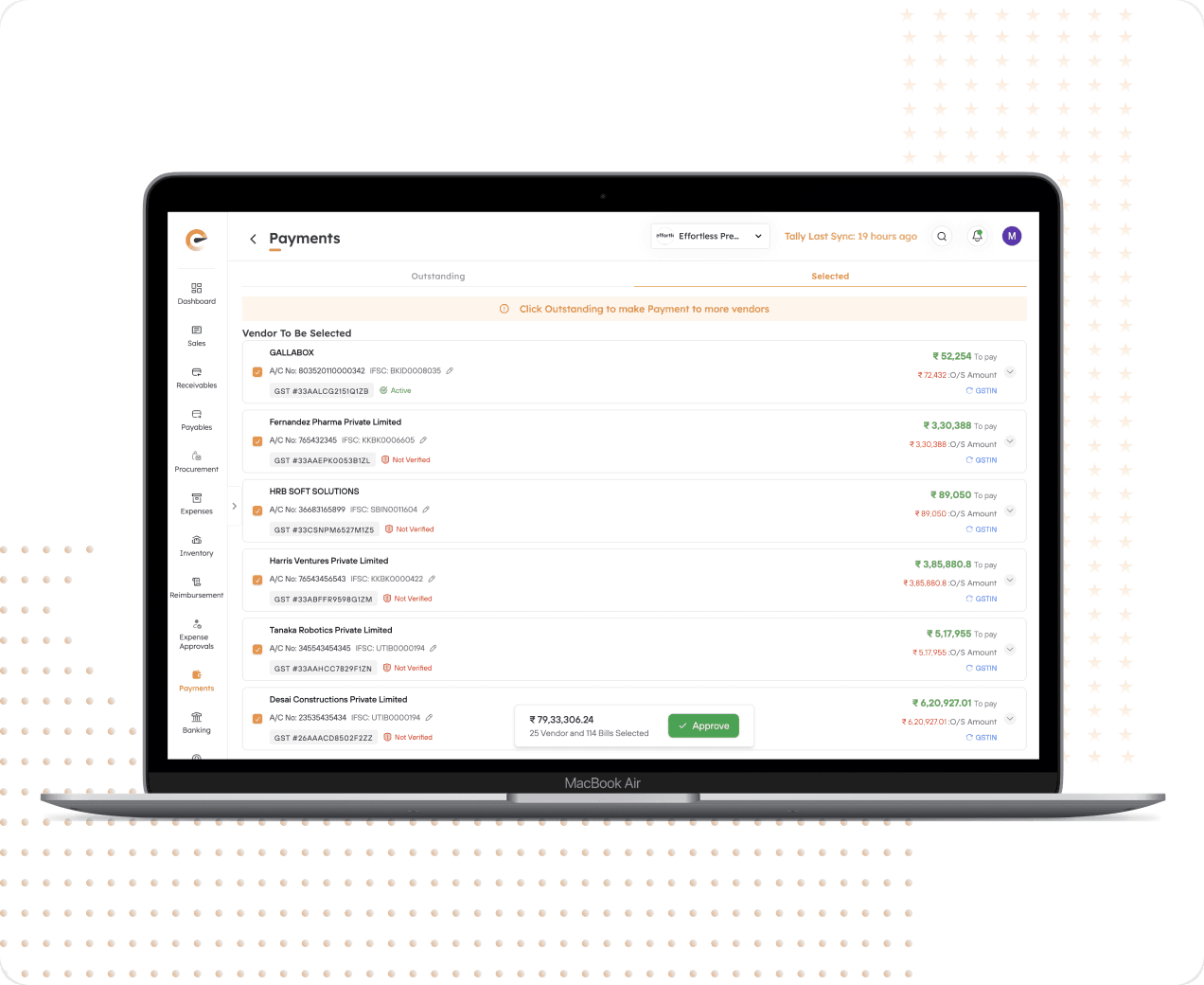 Consolidated payments screen with vendor payouts ready to clear