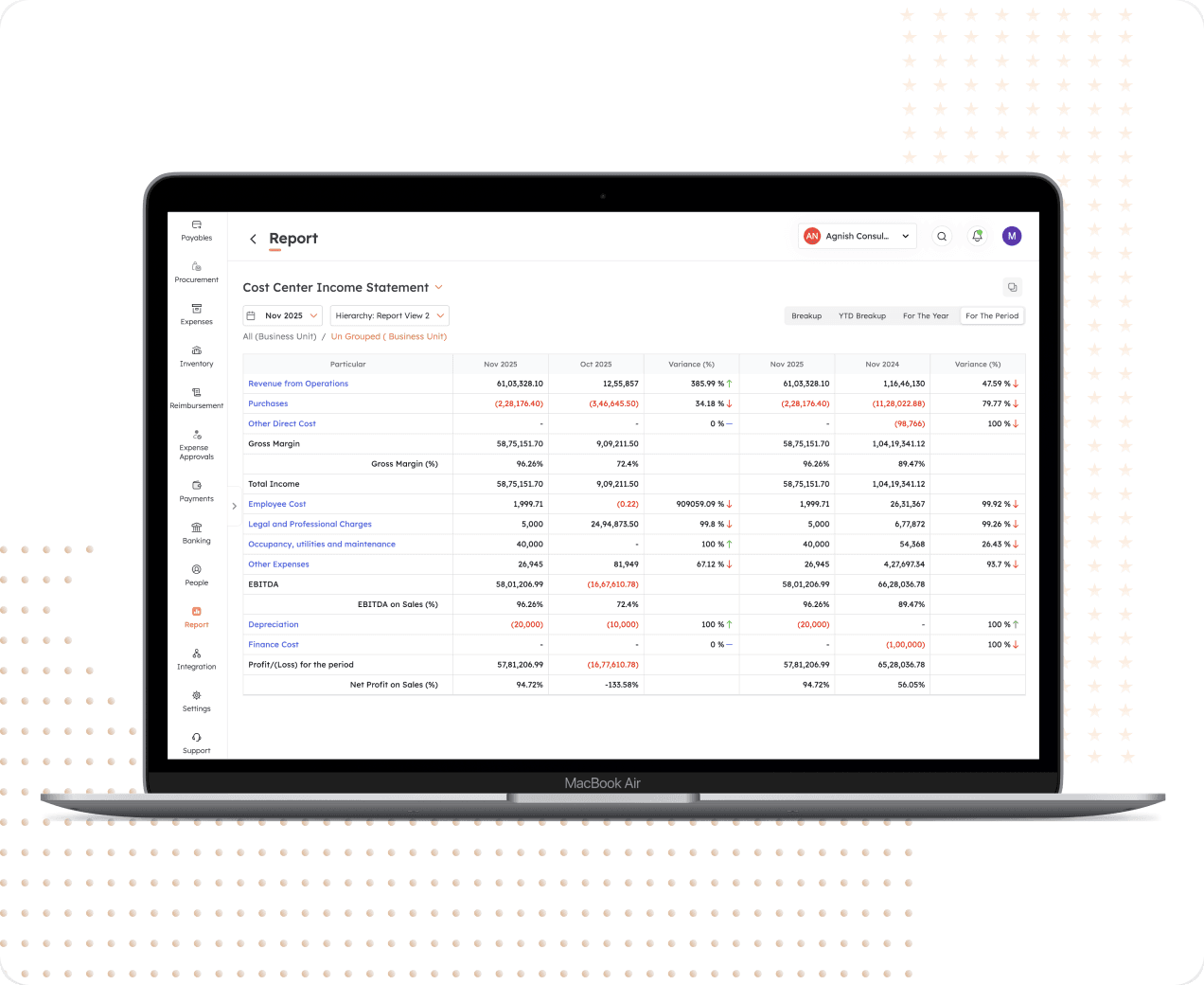 Cost centre income statement report with drill-down rows