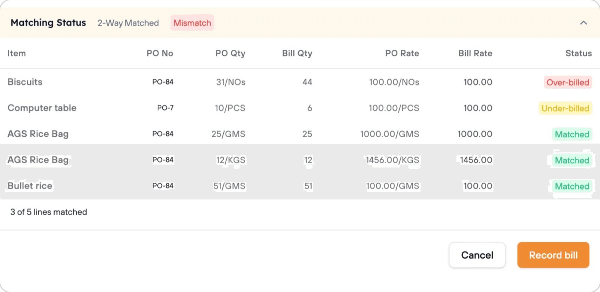 Vendor bill matching status table flagging over-billed and under-billed lines
