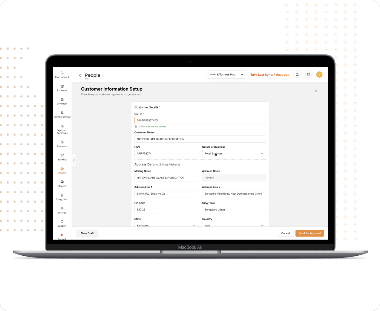 Customer information setup screen with GSTIN verification