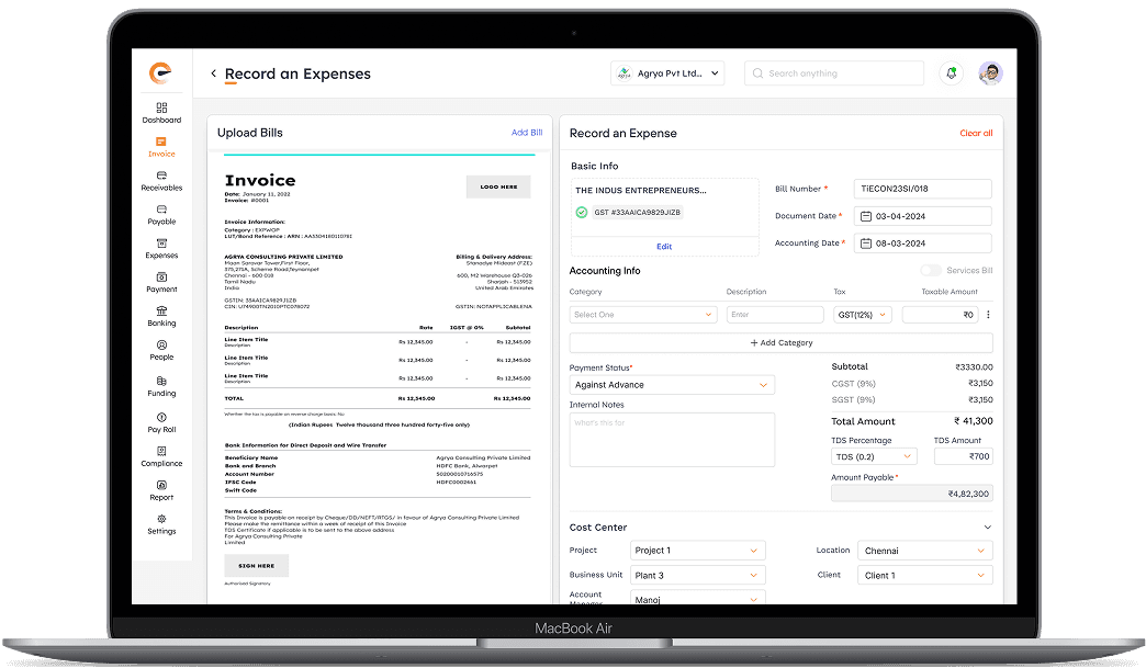Effortless expense management dashboard with GST compliance checks